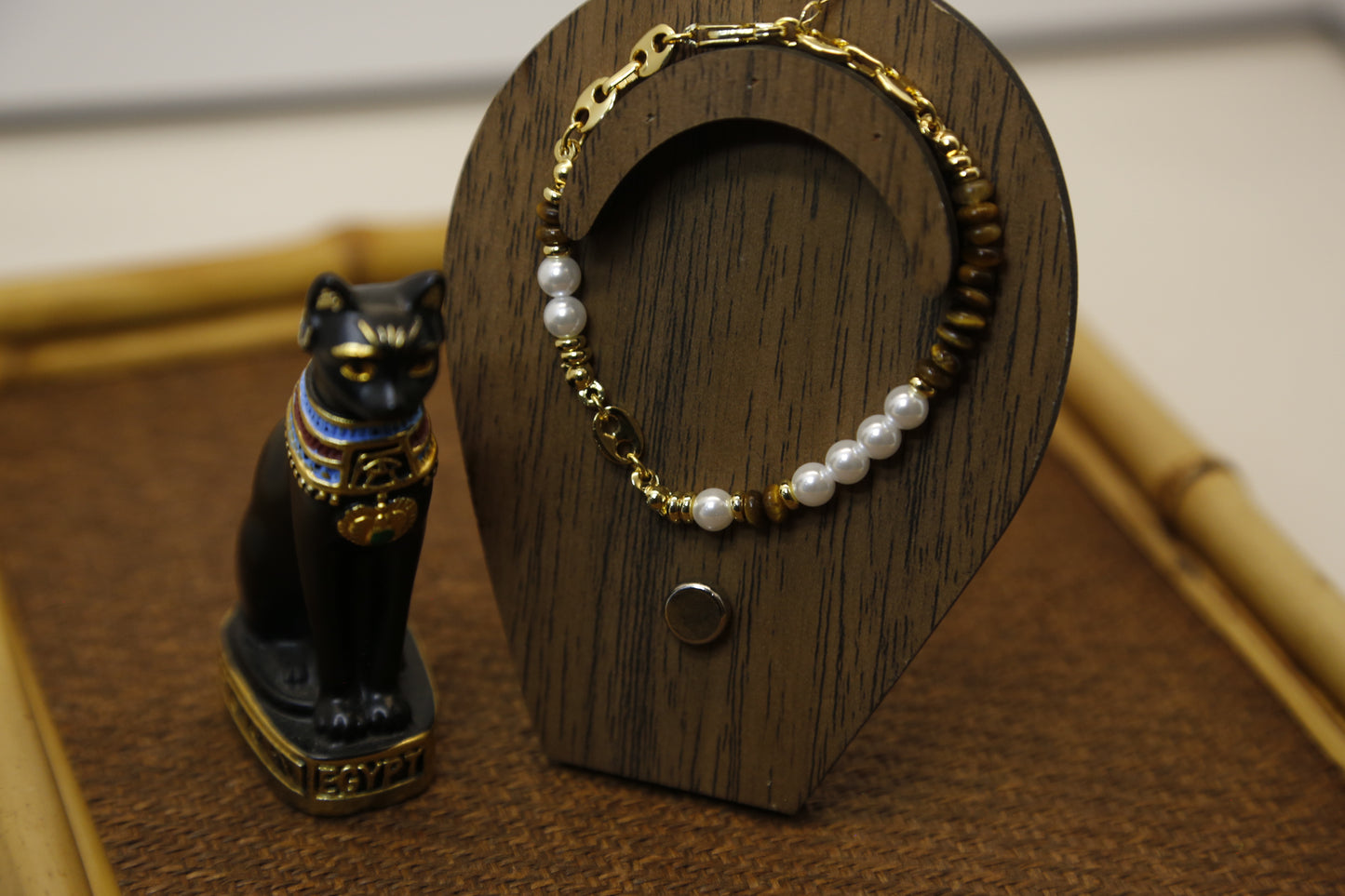 Pearl and Tiger's Eye Beaded Necklace - Gold Tone