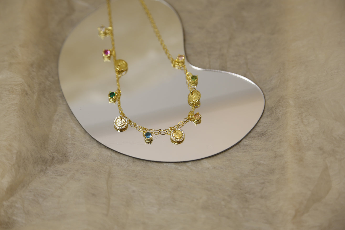 Rainbow Zircon Coin Charm Necklace