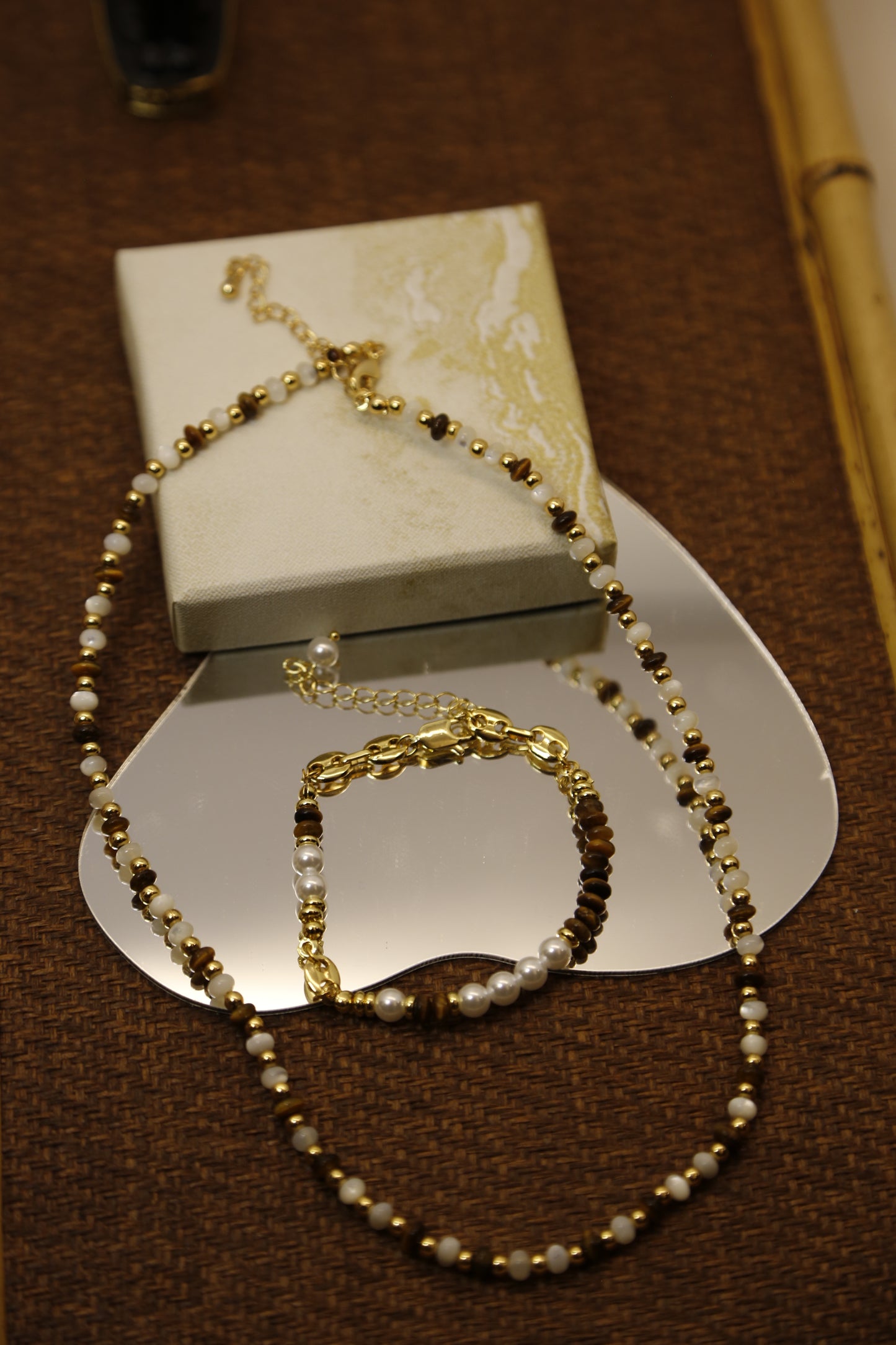 Pearl and Tiger's Eye Beaded Necklace - Gold Tone