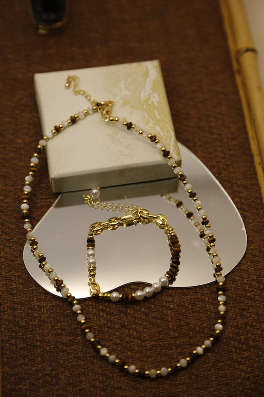 Pearl and Tiger's Eye Beaded Necklace - Gold Tone