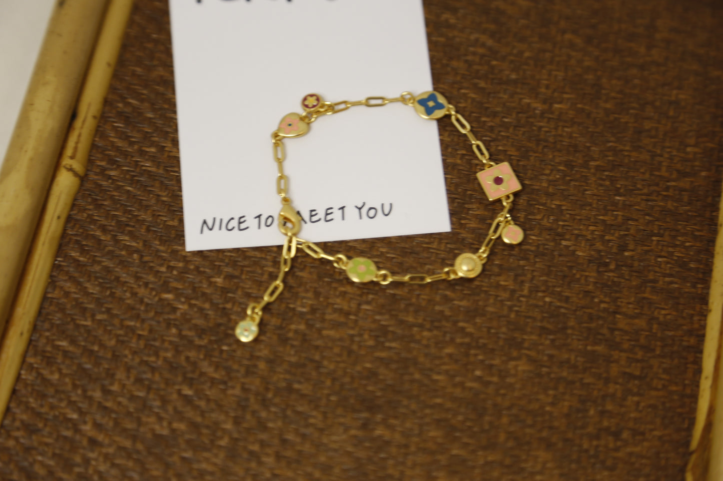 Delicate Gold-Tone Charm Bracelet - Colorful Enamel & Pearl
