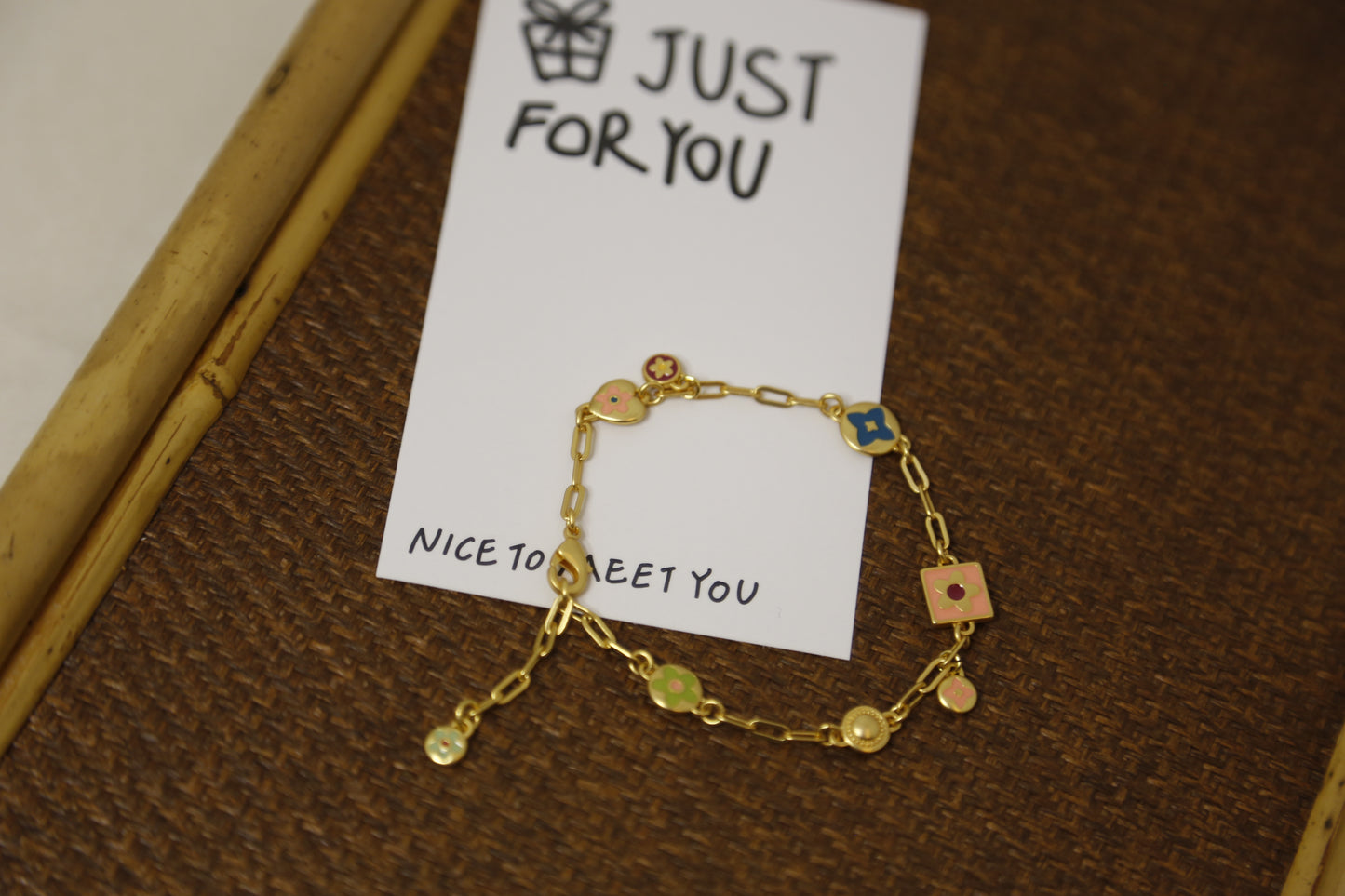Delicate Gold-Tone Charm Bracelet - Colorful Enamel & Pearl