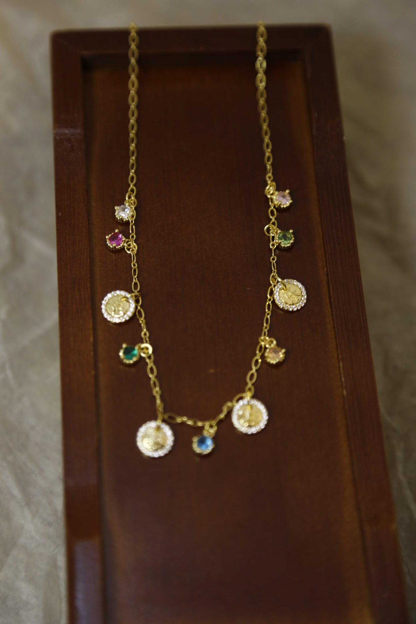 Rainbow Zircon Coin Charm Necklace