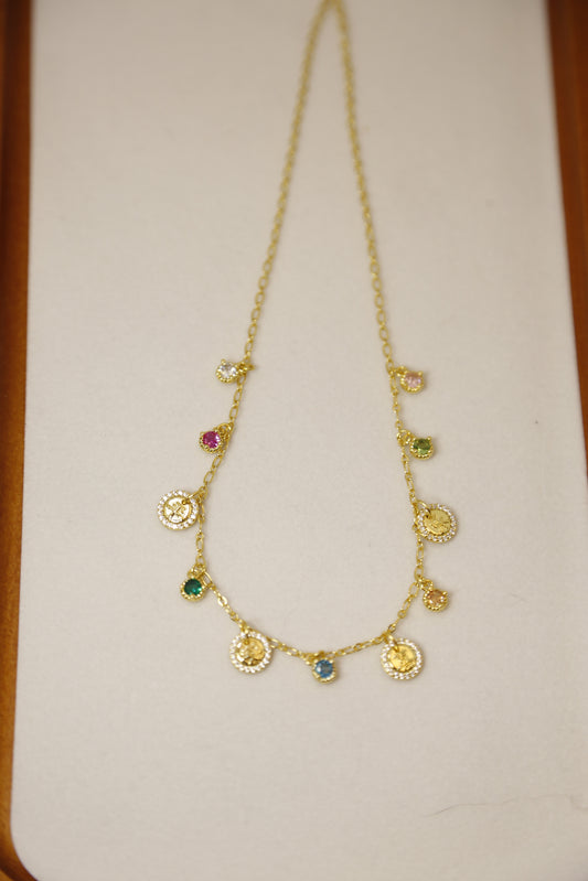 Rainbow Zircon Coin Charm Necklace